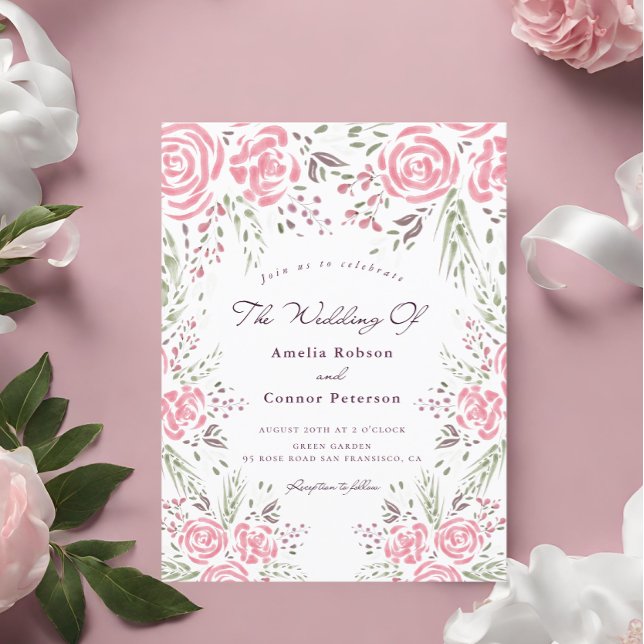Cartão Postal De Convite Elegante rosa Rosa Romance Watercolor (Criador carregado)