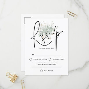 Cartão Postal De Convite Elegante Sage Foliage Black Script Wedding RSVP