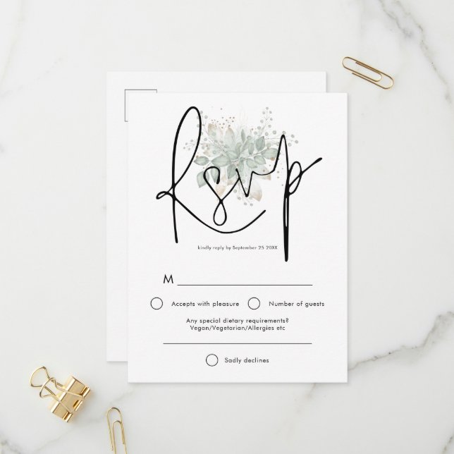 Cartão Postal De Convite Elegante Sage Foliage Black Script Wedding RSVP (Frente/Verso In Situ)