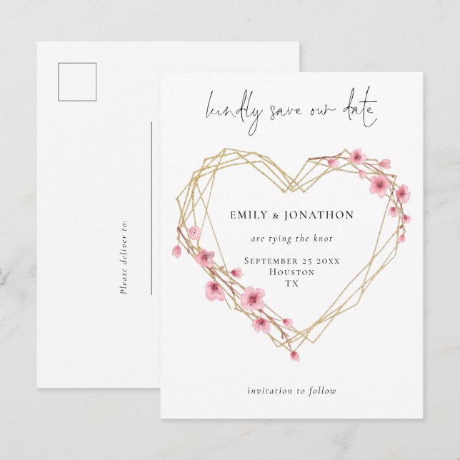 Cartão Postal De Convite Elegante Script Sakura Flor de Cerejeira Salvar a  (Frente/Verso)