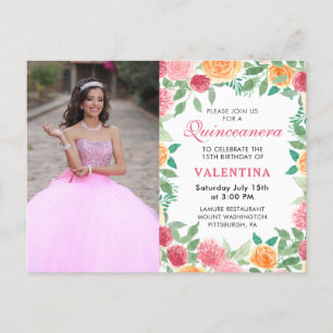 Cartão Postal De Convite Elegante Watercolor Foto Floral Quinceanera Invit