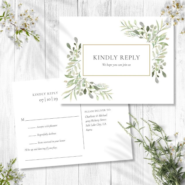 Cartão Postal De Convite Elegante Watercolor Greenery Wedding RSVP (Elegant Watercolor Greenery Wedding RSVP Invitation Postcard)