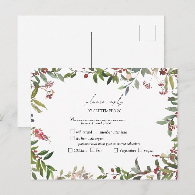 Cartão Postal De Convite Elegante Winter Wildflower Berry Wedry RSVP (Frente/Verso)
