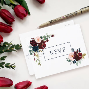 Cartão Postal De Convite Embrace Floral Wedding RSVP Marinho Borgonha Azu