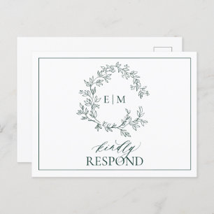 Cartão Postal De Convite Emerald Green Leafy Crest Monograma Wedding RSVP