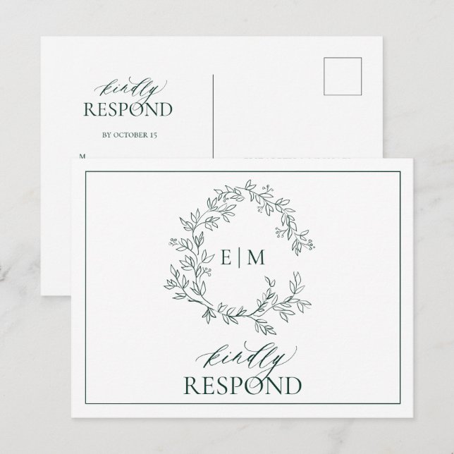 Cartão Postal De Convite Emerald Green Leafy Crest Monograma Wedding RSVP (Frente/Verso)