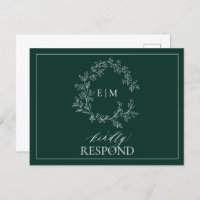 Emerald Green Leafy Crest Monograma Wedding RSVP