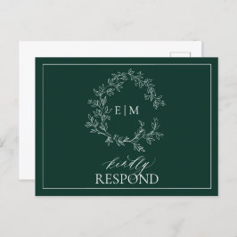 Cartão Postal De Convite Emerald Green Leafy Crest Monograma Wedding RSVP