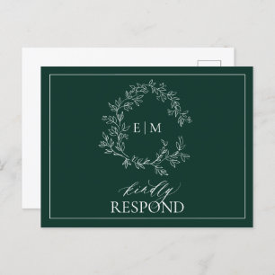 Cartão Postal De Convite Emerald Green Leafy Crest Monograma Wedding RSVP