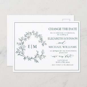 Cartão Postal De Convite Emerald Green Leafy Monograma de Crest Altera a Da