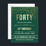 Cartão Postal De Convite Emerald | Partido Confetti aniversário de 40 anos<br><div class="desc">Emerald | Convites a Cartão-Postal do aniversário de 40 anos Confetti Dourado. Este convite de aniversário formal, elegante, moderno, de quadragésimo é adequado para homens ou mulheres. Inclui linhas limpas de ouro, guião gótica em maiúsculas e na moda e texto sofisticado de folha de ouro falsa num fundo verde esmeralda...</div>