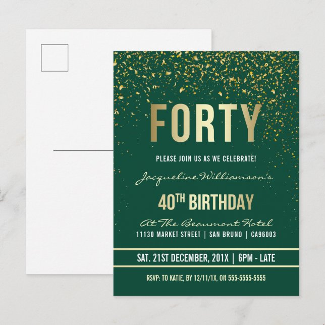 Cartão Postal De Convite Emerald | Partido Confetti aniversário de 40 anos (Frente/Verso)