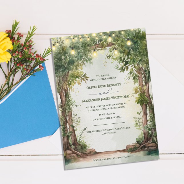 Cartão Postal De Convite Enchanted Garden String Lights Wedding Invitation  (Enchanted Garden String Lights Wedding Invitation | Rustic Outdoor Wedding Invite)