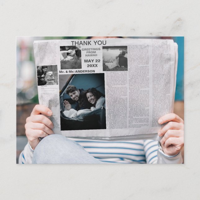 Cartão Postal De Convite Engraçado obrigado de fotos personalizado do jorna (Frente)