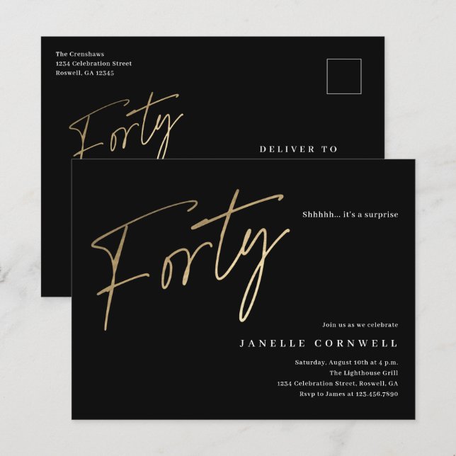 Cartão Postal De Convite Escrita elegante simples e aniversário de 40 anos  (Frente/Verso)