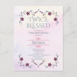 Cartão Postal De Convite Esperando Gêmeos: Boho Floral e Aquarela Lavanda
