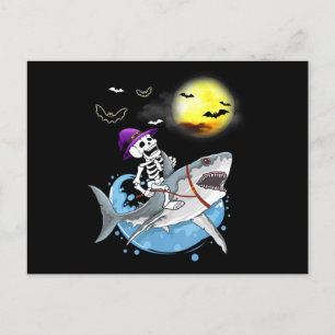 Cartão Postal De Convite Esqueleto Engraçado Pilotando Tubarão Halloween Me