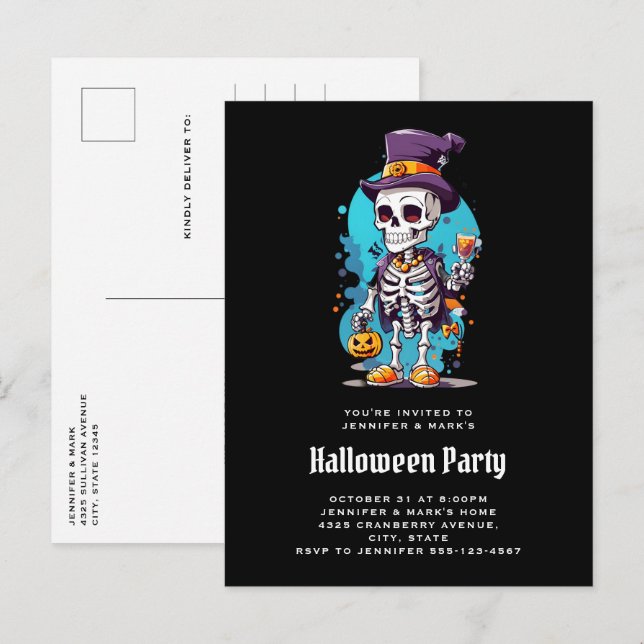 Cartão Postal De Convite Esqueleto legal no Halloween do Top Halloween (Frente/Verso)