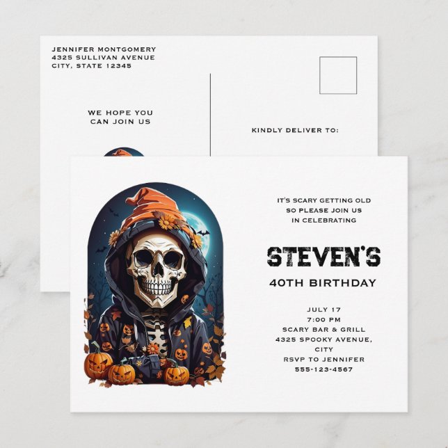 Cartão Postal De Convite Esqueleto Spooky com Mau Pumpkins Aniversário (Frente/Verso)