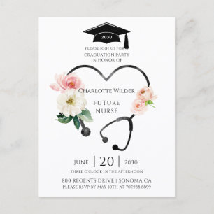 Cartão Postal De Convite Estetoscópio Floral de Formatura de Enfermagem