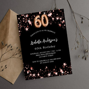 Cartão Postal De Convite Estrelas de ouro rosa preto de 60 anos