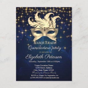 Cartão Postal De Convite Estrelas Douradas,Máscara,Quinceañera Azul Marinho
