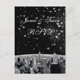 Cartão Postal De Convite Etched NYC Skyline #2 Preto Branco Coração RSVP 1