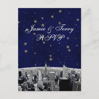 Cartão Postal De Convite Etched NYC Skyline 2 Preto Branco RSVP 1