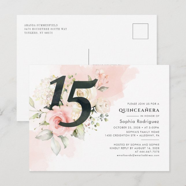 Cartão Postal De Convite Eucalyptus Floral Deixa a Quinceanera 15 Aniversár (Frente/Verso)