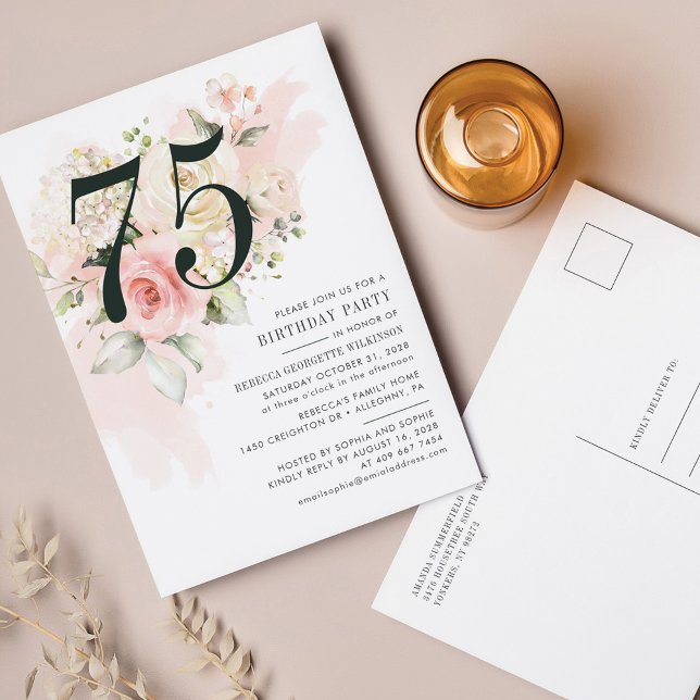 Cartão Postal De Convite Eucalyptus Foliage Floral, rosa, 75.a Festa de ani (Criador carregado)