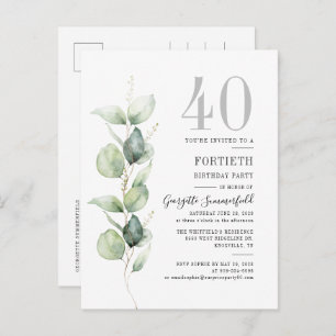 Cartão Postal De Convite Eucalyptus Greenery aniversário de 40 anos Botânic