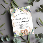 Cartão Postal De Convite Eucalyptus greenery glitter elegante de 50 anos<br><div class="desc">Para uma 50ª festa de aniversário. Um fundo branco decorado com verde de eucalipto e folhas de ouro. Pontos de brilho falsos do ouro. Personalize e adicione seus nomes e detalhes do casamento. Letras pretas e ouros coloridas. O número 50 é escrito com a fonte do estilo do balão. Traseira:...</div>