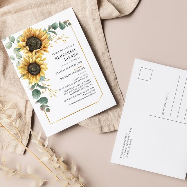 Cartão Postal De Convite Eucalyptus Greenery Janto de ensaio de girassol (Sunflower Eucalyptus Wedding Rehearsal Dinner Invitation)
