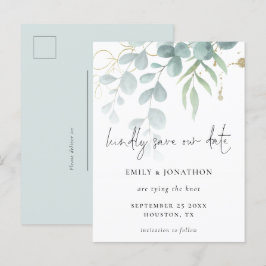 Cartão Postal De Convite Eucalyptus Powder Blue Dourado Script Salvar A Dat