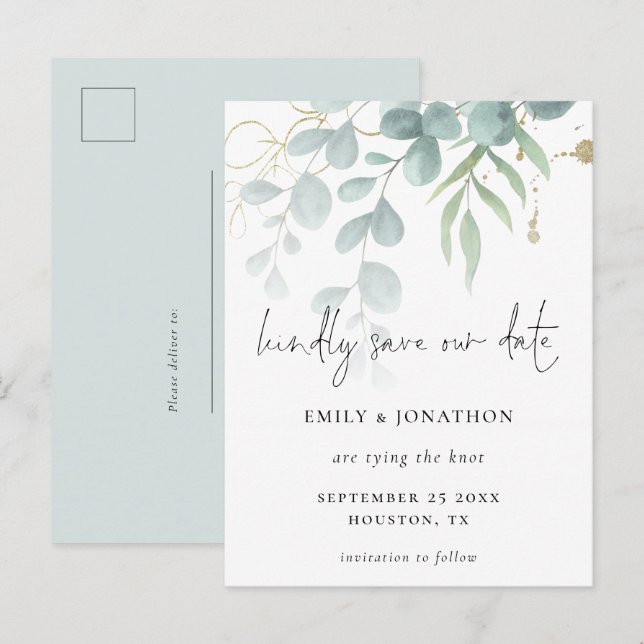 Cartão Postal De Convite Eucalyptus Powder Blue Dourado Script Salvar A Dat (Frente/Verso)