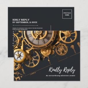 Cartão Postal De Convite Extravagância Steampunk Relógio Antigo RSVP