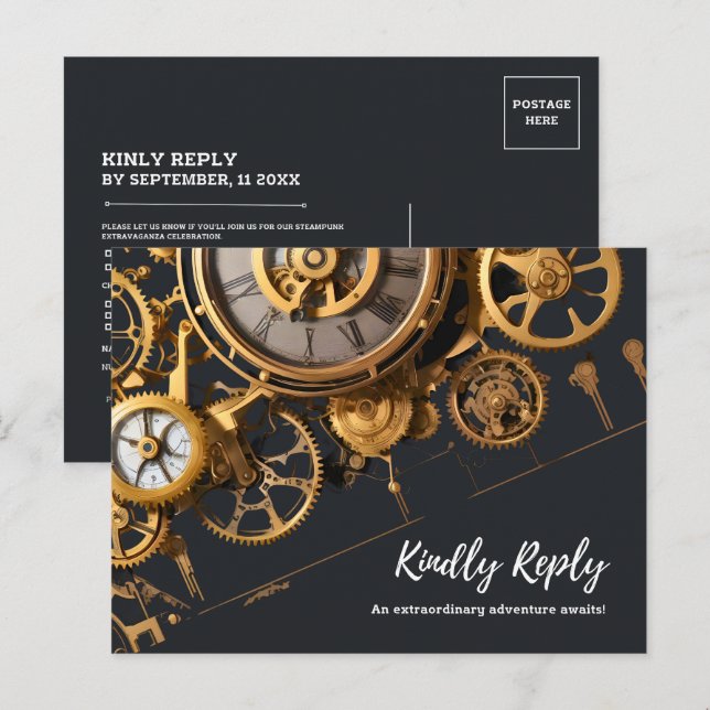 Cartão Postal De Convite Extravagância Steampunk Relógio Antigo RSVP (Frente/Verso)