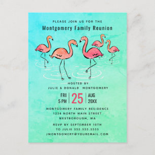 Cartão Postal De Convite -Família Reunião Tropical Watercolor Flamingo