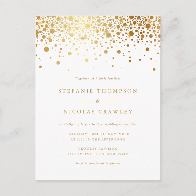 Cartão Postal De Convite Faux Gold Foil Confetti Dots Casamento (Frente)