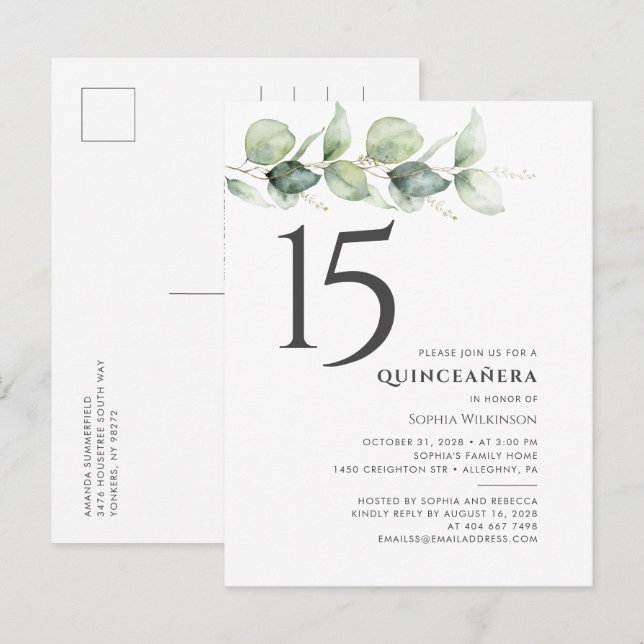 Cartão Postal De Convite Feliz 15 Birthday Quinceanera Eucalyptus Folages (Frente/Verso)