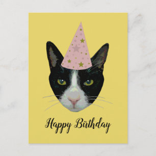 Cartão Postal De Convite Feliz aniversário - Tuxedo Cat com chapéu de festa