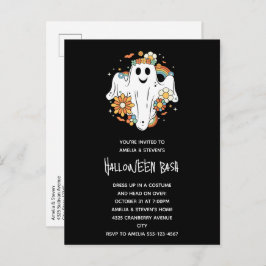 Cartão Postal De Convite Feliz Fantasma Retro Hippie Vibe Halloween