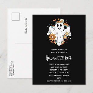 Cartão Postal De Convite Feliz Fantasma Retro Hippie Vibe Halloween