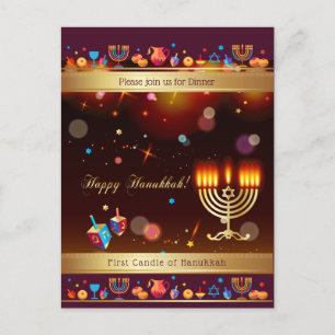Cartão Postal De Convite Feliz Festa de Hanukkah Dourado Hanukkiah