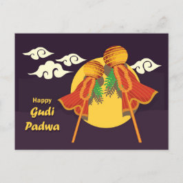 Cartão Postal De Convite Feliz Gudi Padwa, levantando gudi