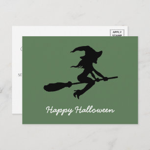 Cartão Postal De Convite Feliz Halloween, Bruxa na Broomstick