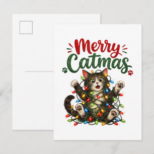 Cartão Postal De Convite Feliz Natal Gatinho Diversão Luzes De árvore De Na
