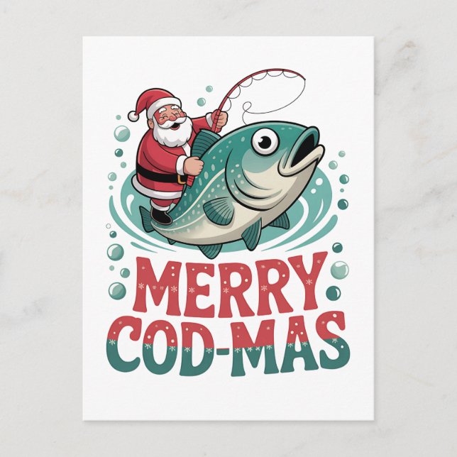 Cartão Postal De Convite Feliz Peixesmo Pesca Natal Papai Noel Natal (Frente)