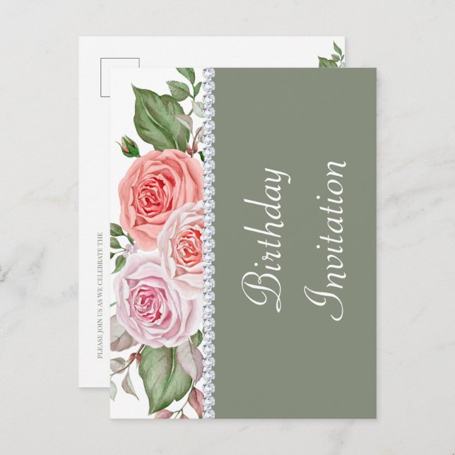 Cartão Postal De Convite Feminine Floral & Diamond aniversário de 30 anos (Frente/Verso)