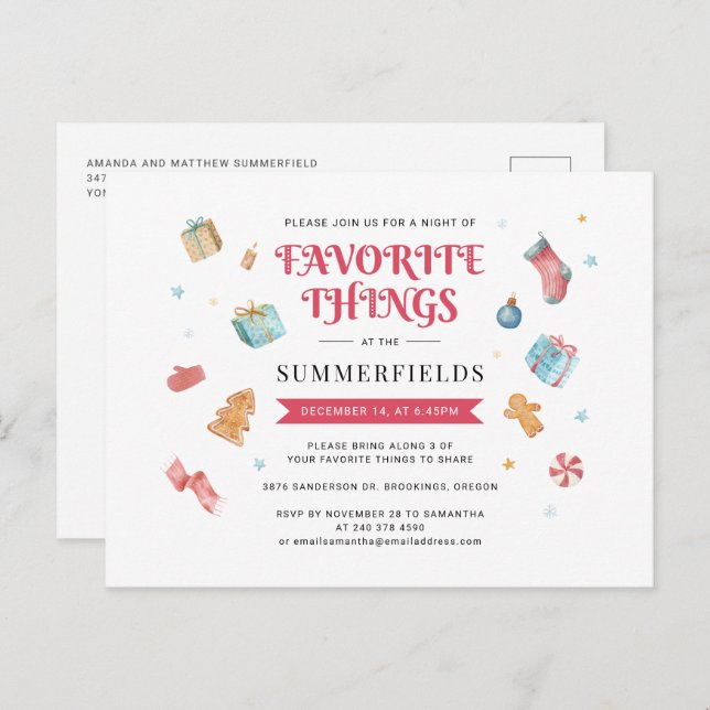 Cartão Postal De Convite Feriado de Natal - Coisas Favoritas do presente Fe (Frente/Verso)